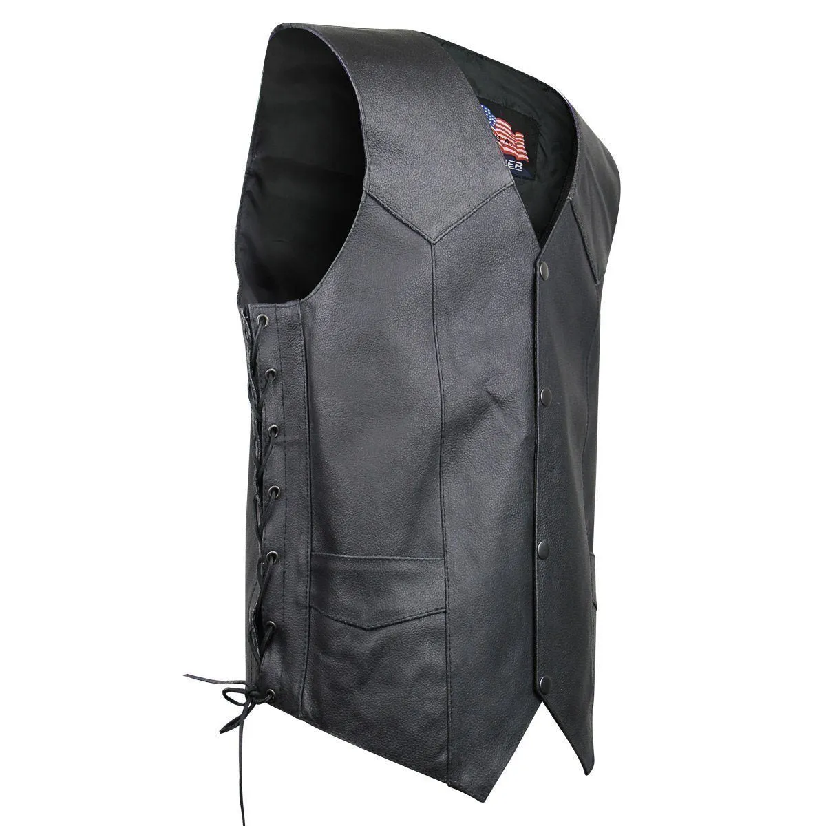 USA Leather 1202 Men's Classic ‘Side Laced’ Black Leather 4 Button Western Style Motorcycle Vest