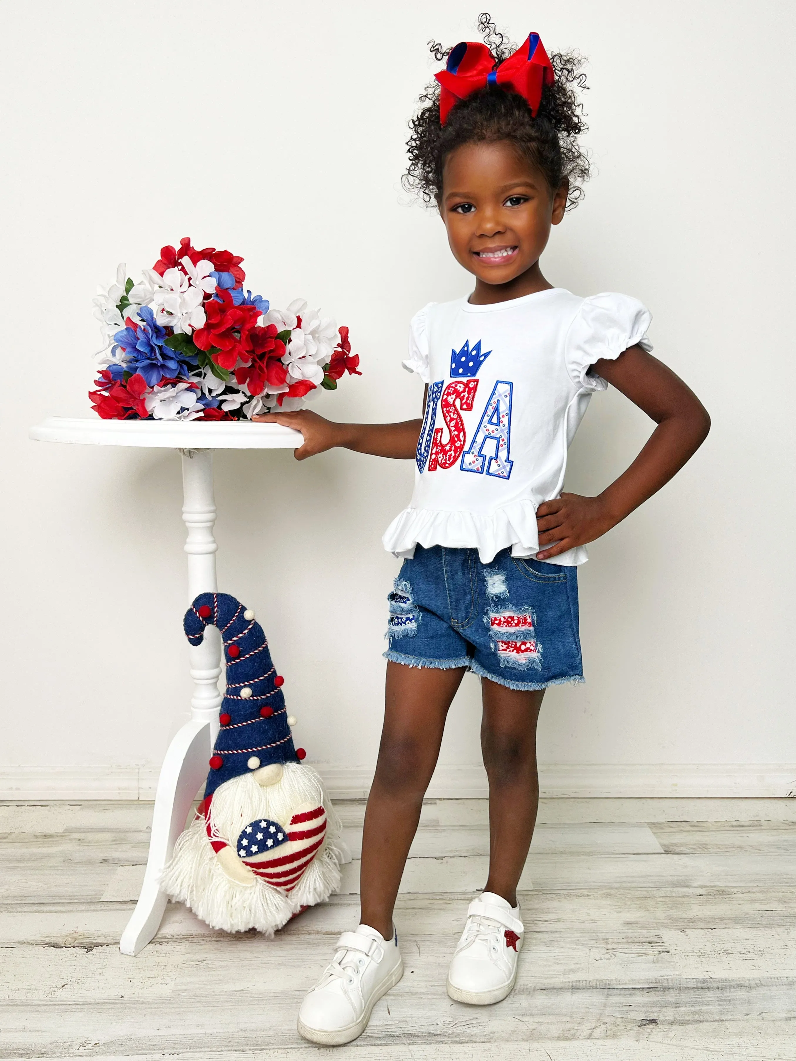 USA Sequin Patched Denim Shorts Set