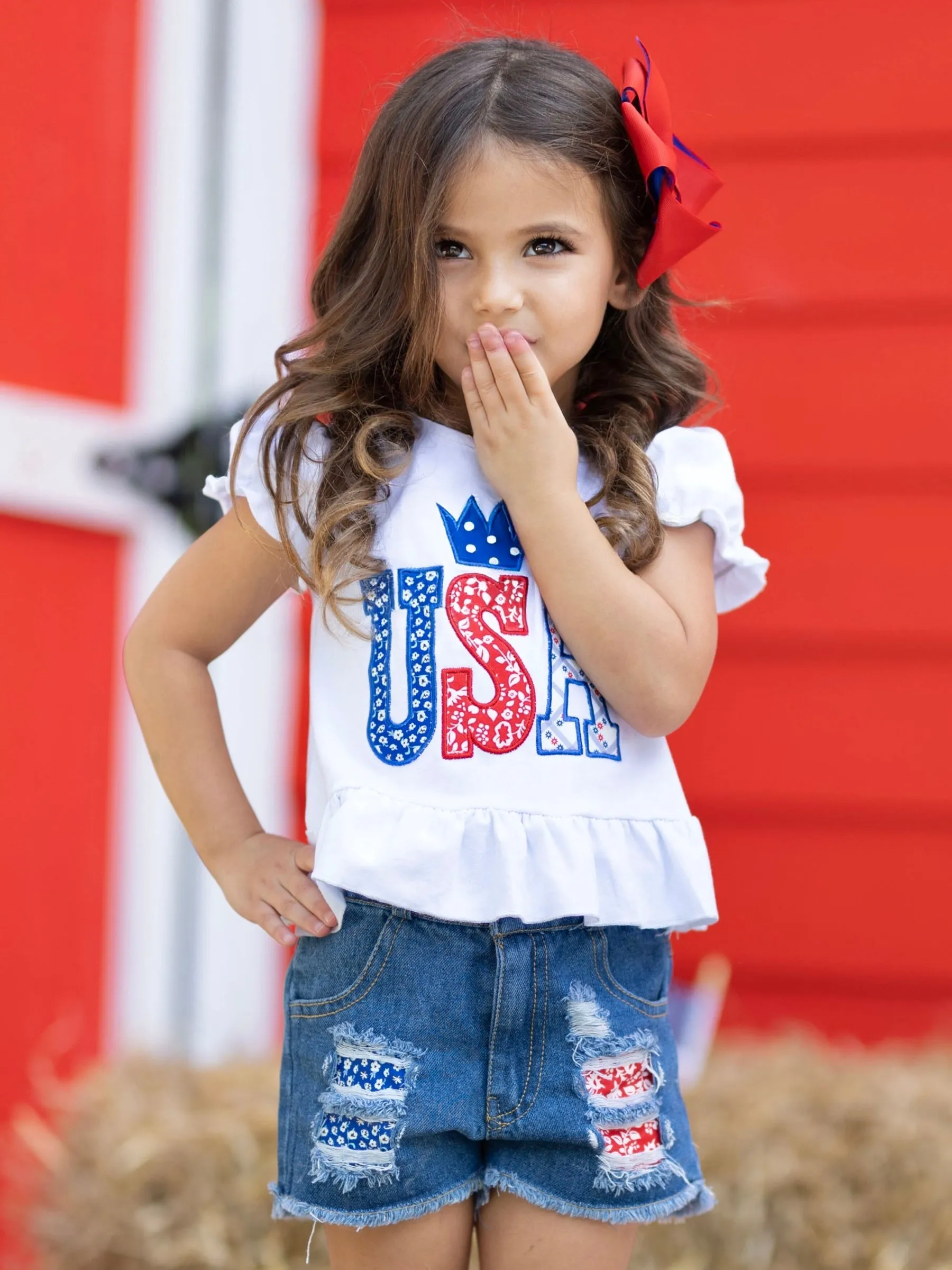 USA Sequin Patched Denim Shorts Set