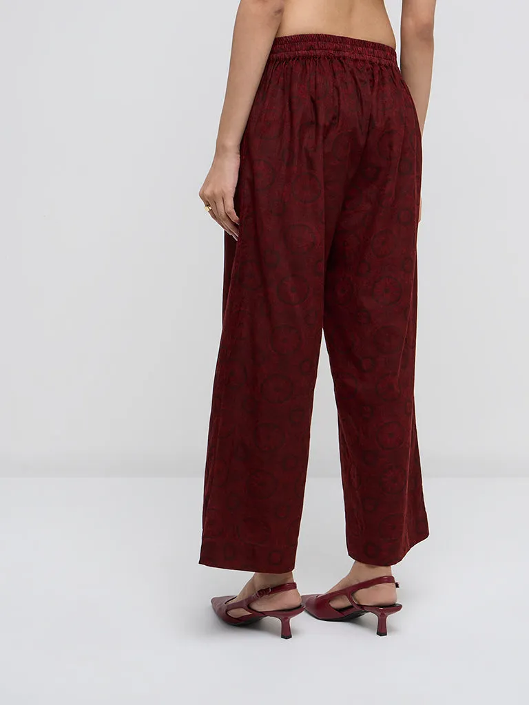 Utsa Rust Printed Corduroy High-Rise Cotton Ethnic Pants