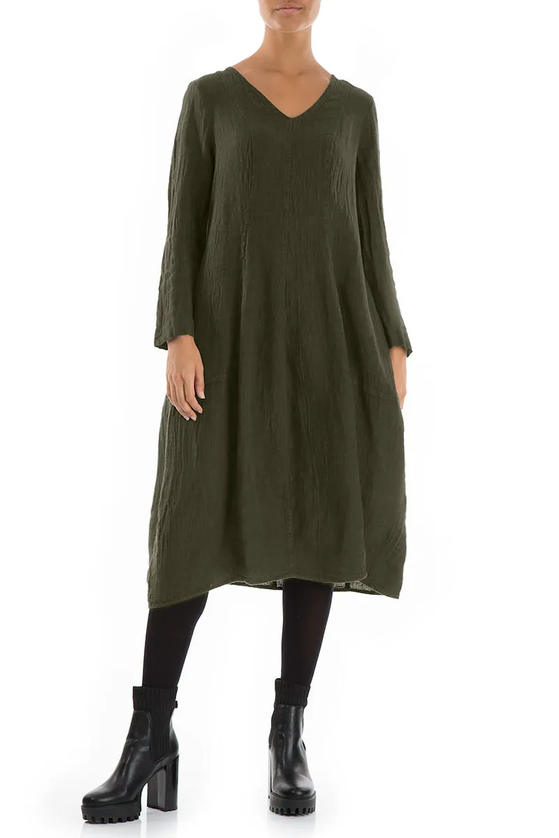 V-Neck Balloon Olive Mélange Linen Dress