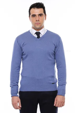 V Neck Knitwear Navy Blue Men Sweater