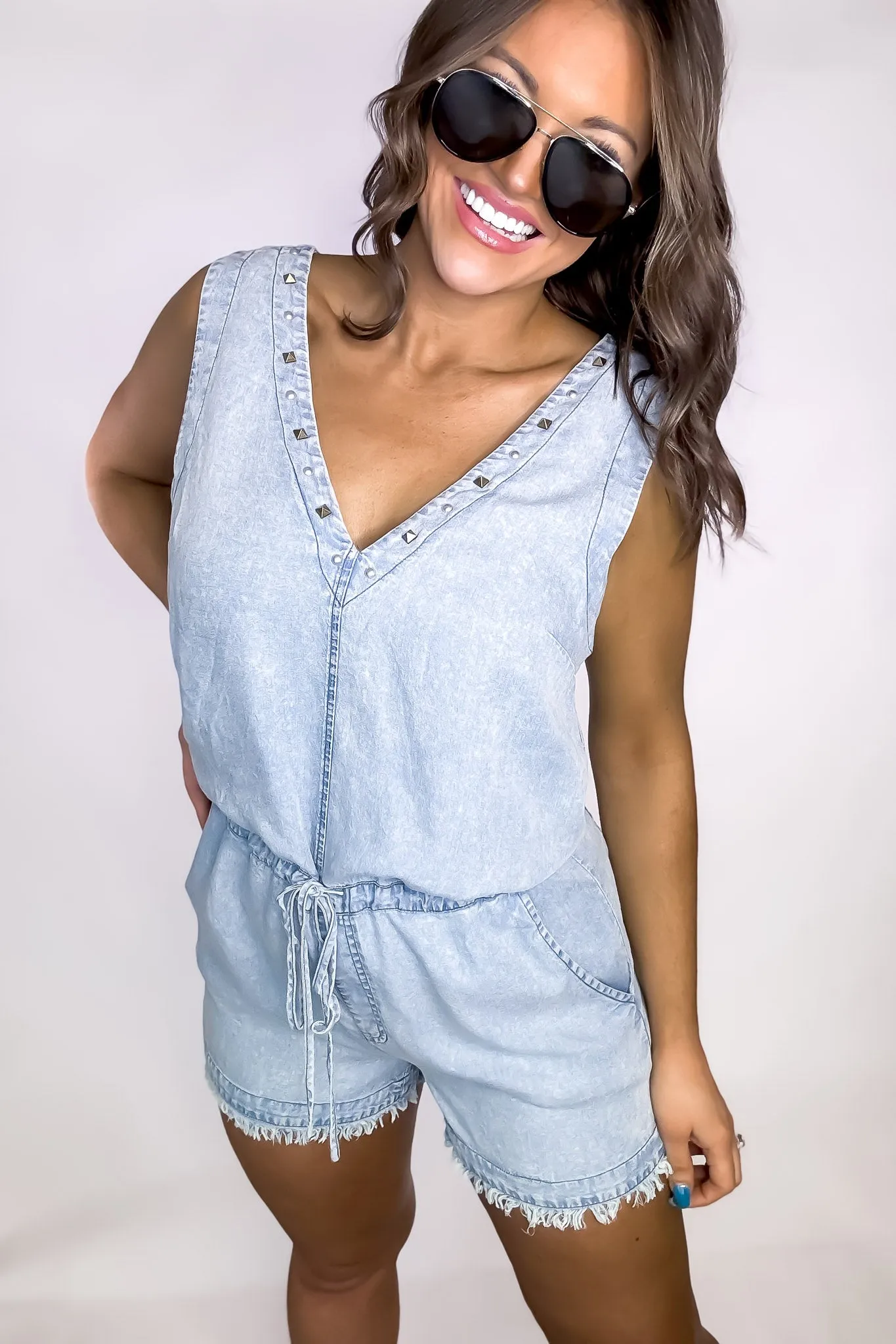 V-Neck Sleeveless Studded Denim Romper