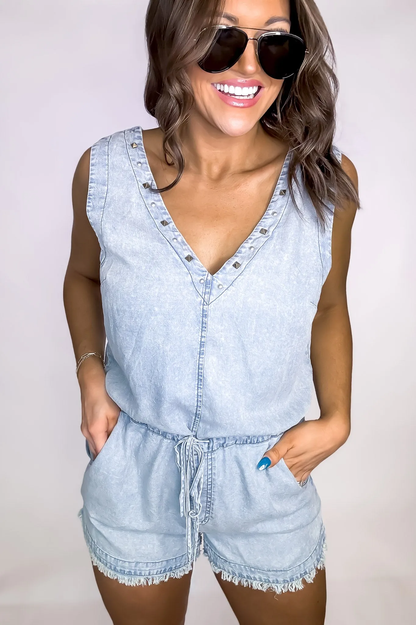 V-Neck Sleeveless Studded Denim Romper