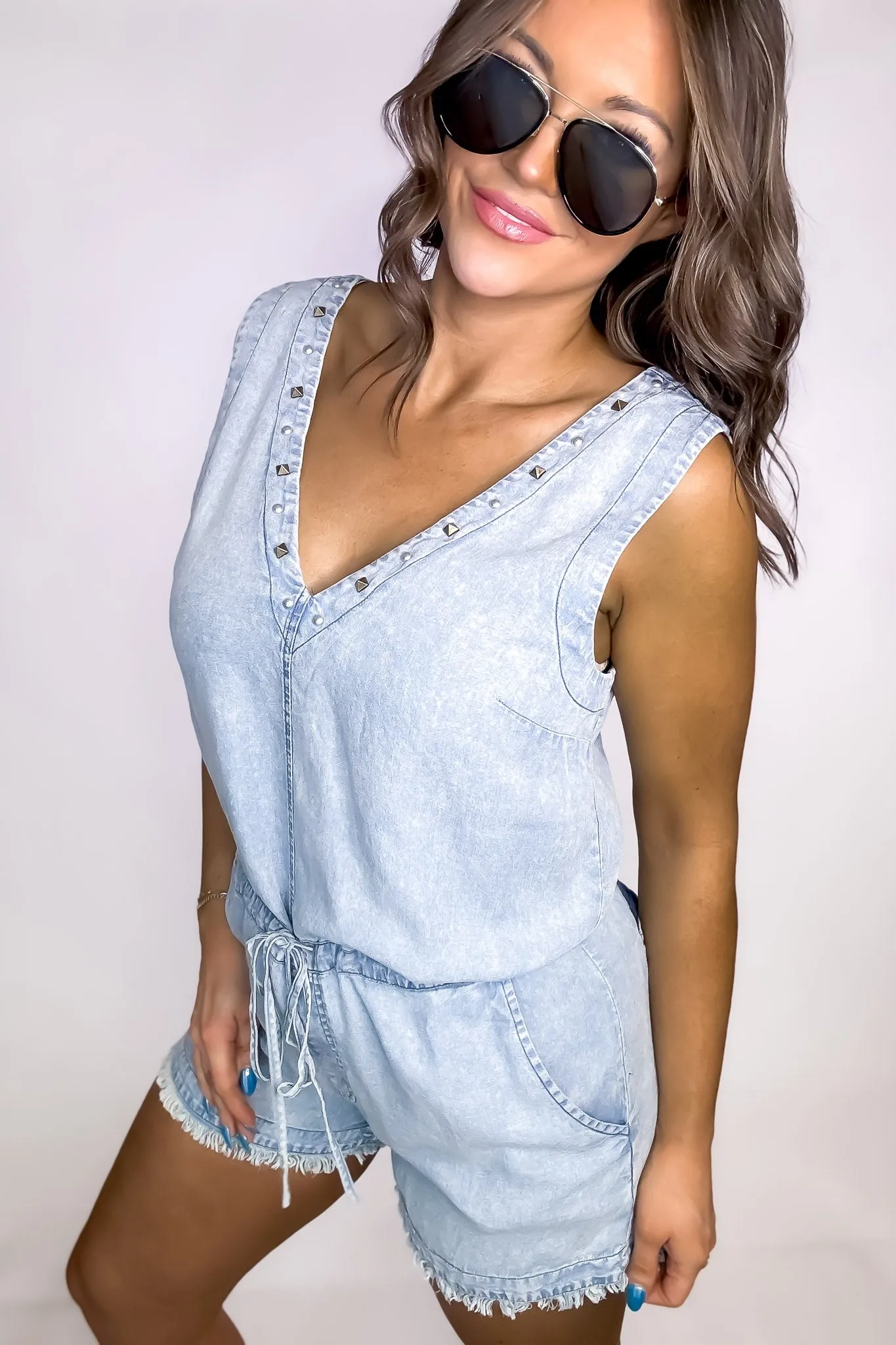 V-Neck Sleeveless Studded Denim Romper