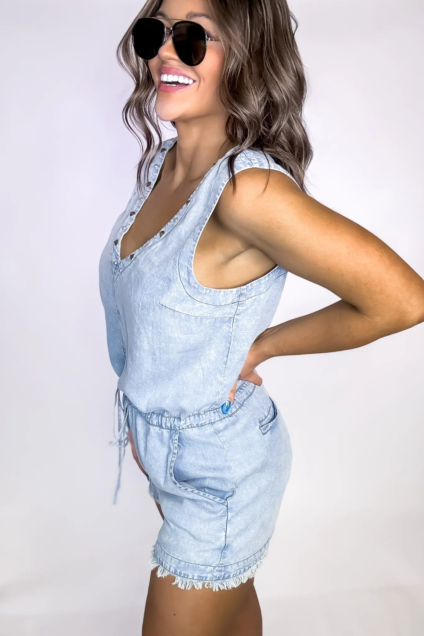 V-Neck Sleeveless Studded Denim Romper