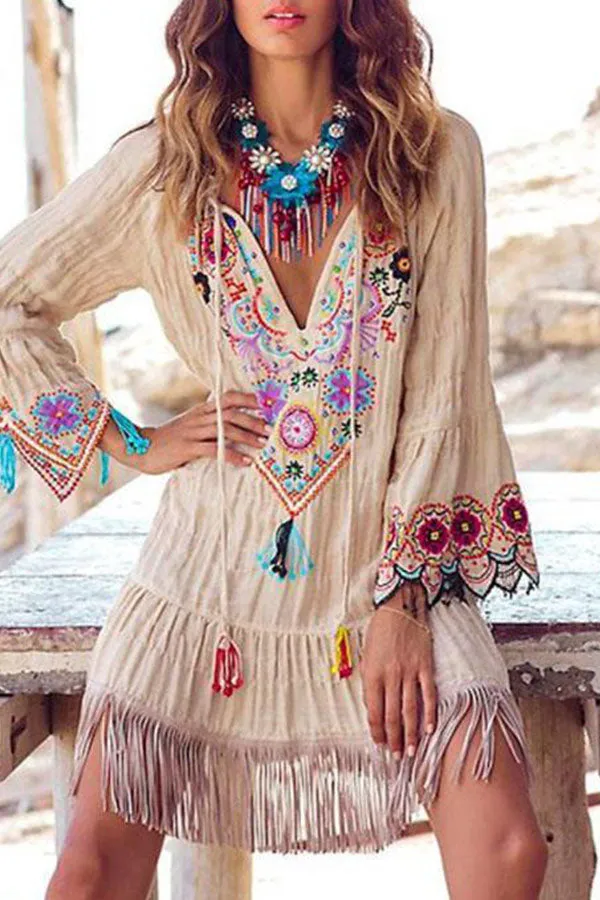 V-neck Tassel Drawstring Embroidered Dress