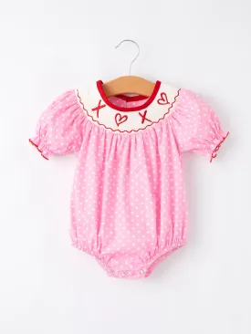 Valentine's Day Baby Girls Smocking Embroidered Polka Dots Romper