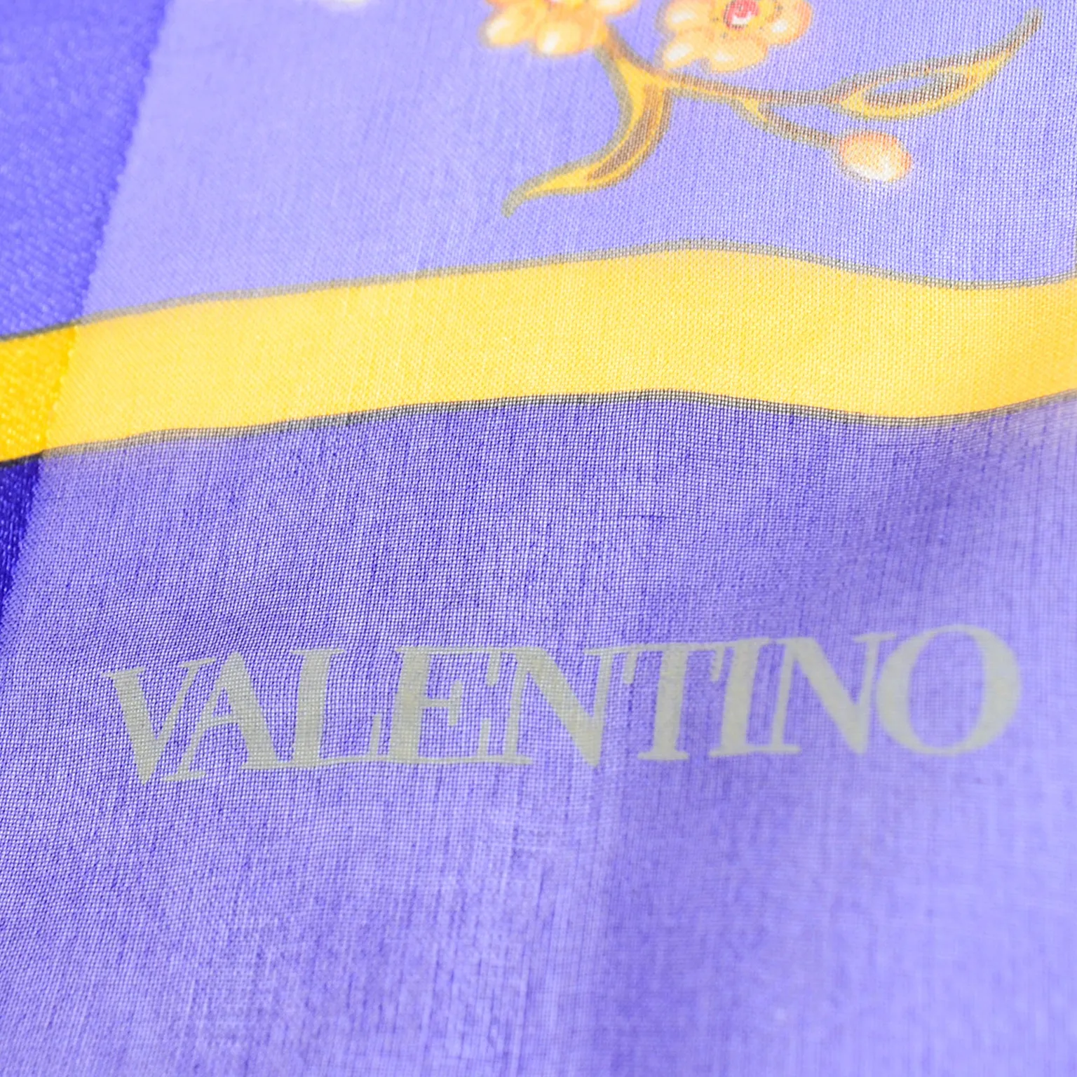 Valentino Purple Silk Scarf in Yellow Gold Floral Print