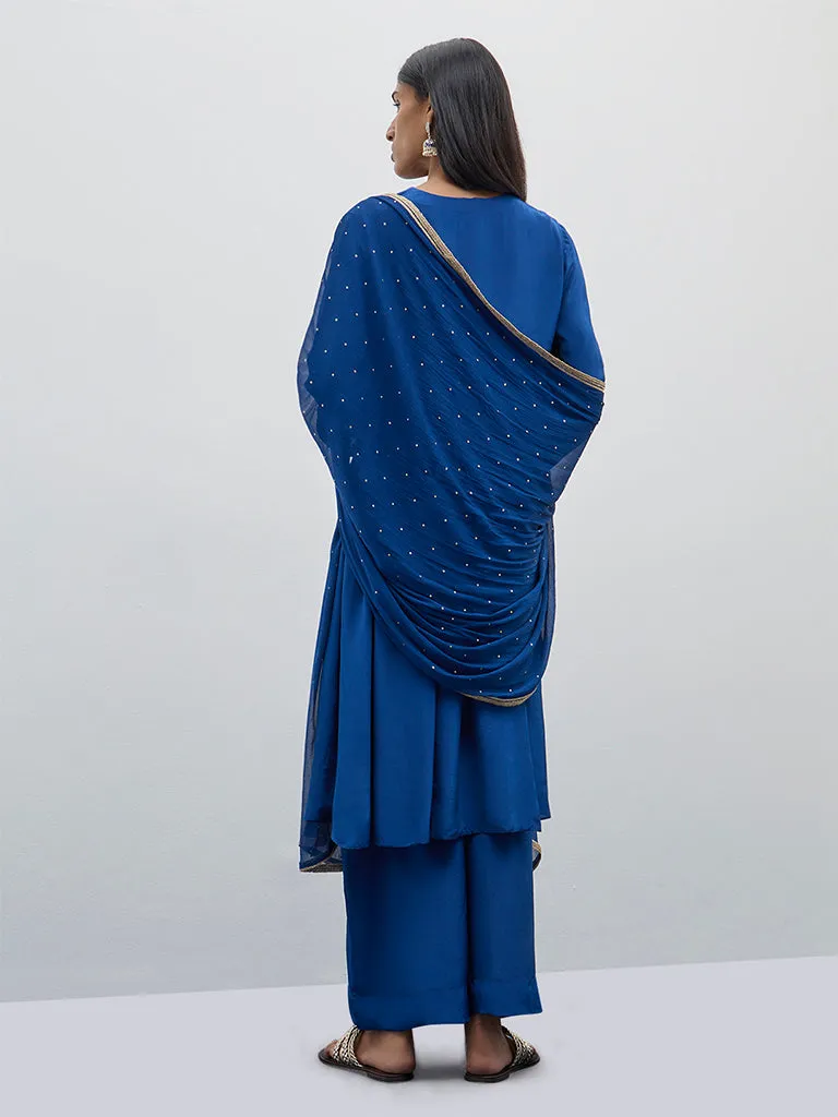 Vark Blue Fit and Flare Kurta, Pants and Dupatta Set