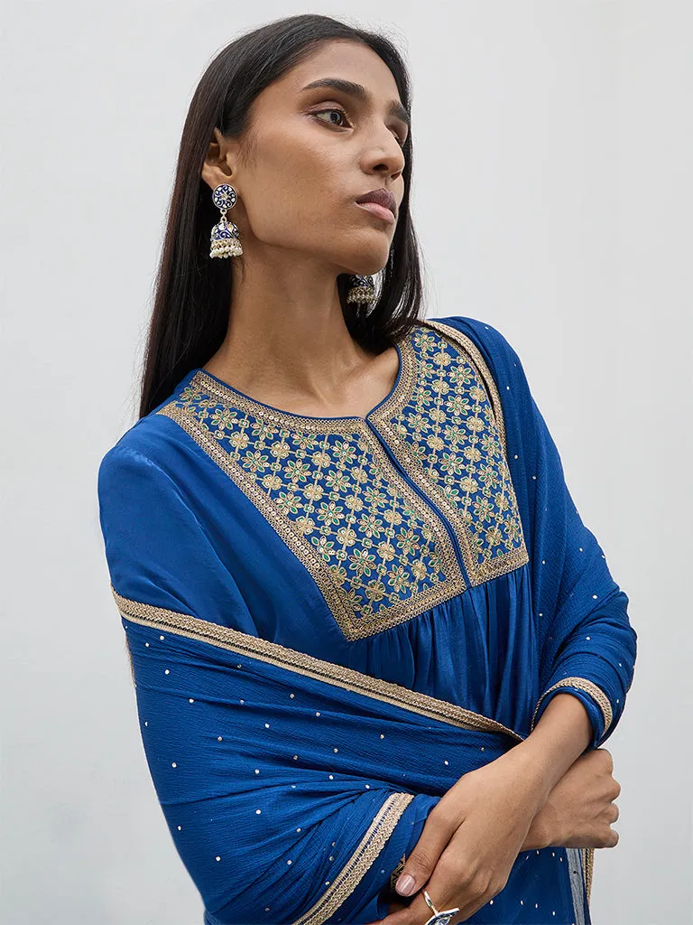 Vark Blue Fit and Flare Kurta, Pants and Dupatta Set