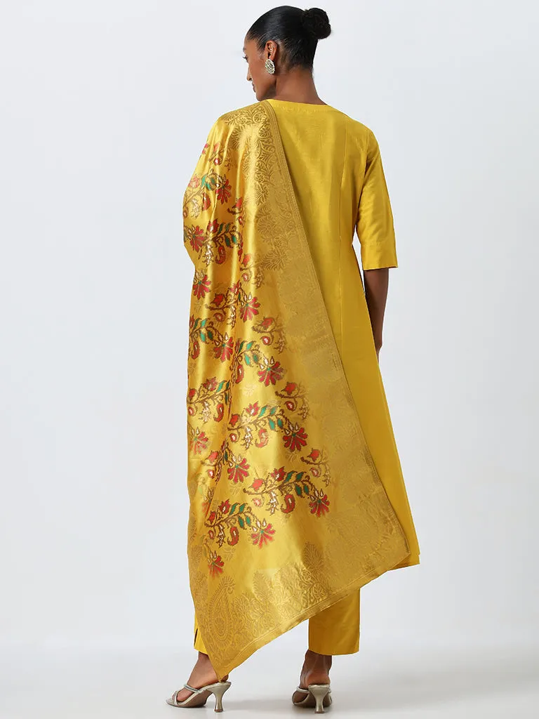 Vark Mustard A-Line Kurta, Ethnic Pants and Brocade Design Dupatta Set