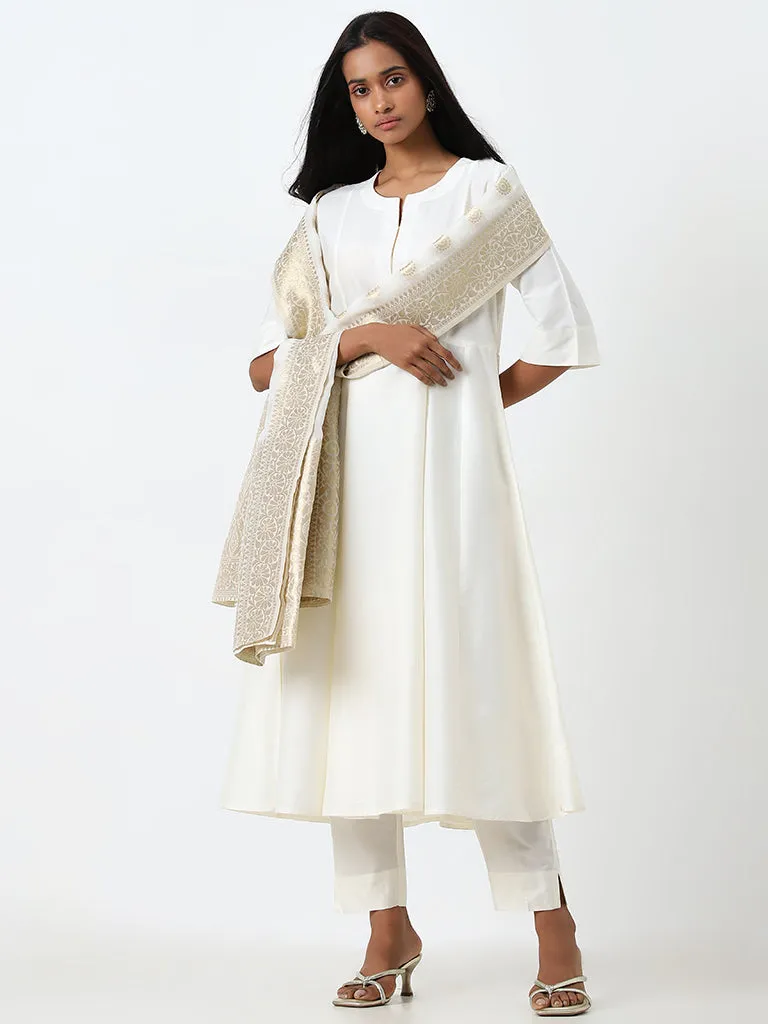 Vark Off-White A-Line Kurta, Ethnic Pants and Brocade Design Dupatta Set