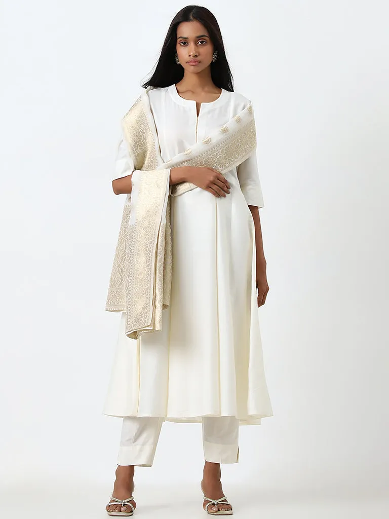 Vark Off-White A-Line Kurta, Ethnic Pants and Brocade Design Dupatta Set