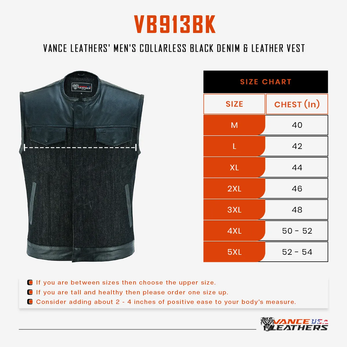 VB913BK Men's Collarless Black Denim & Leather Vest