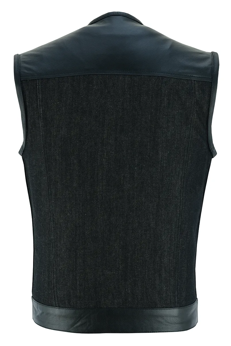 VB913BK Men's Collarless Black Denim & Leather Vest