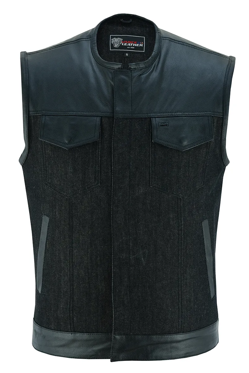 VB913BK Men's Collarless Black Denim & Leather Vest