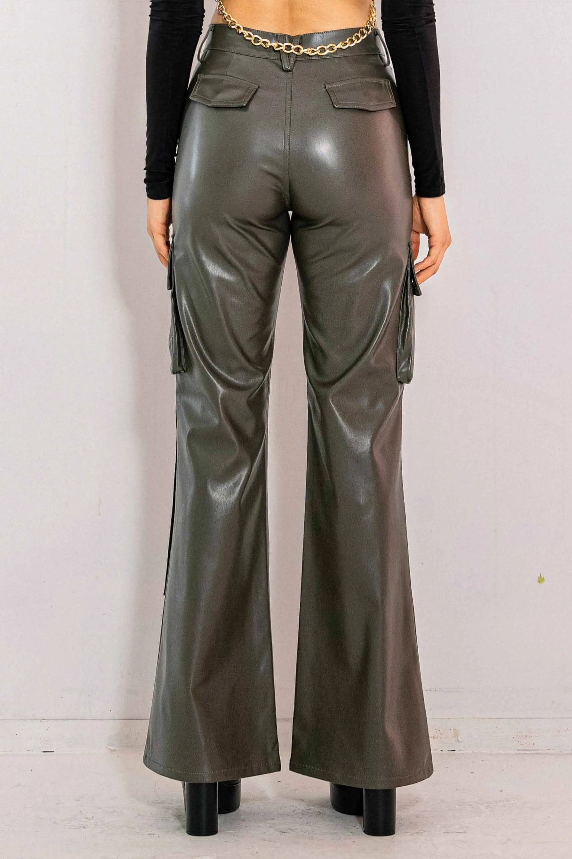 Vegan Leather Cargo Volume Flare Pants