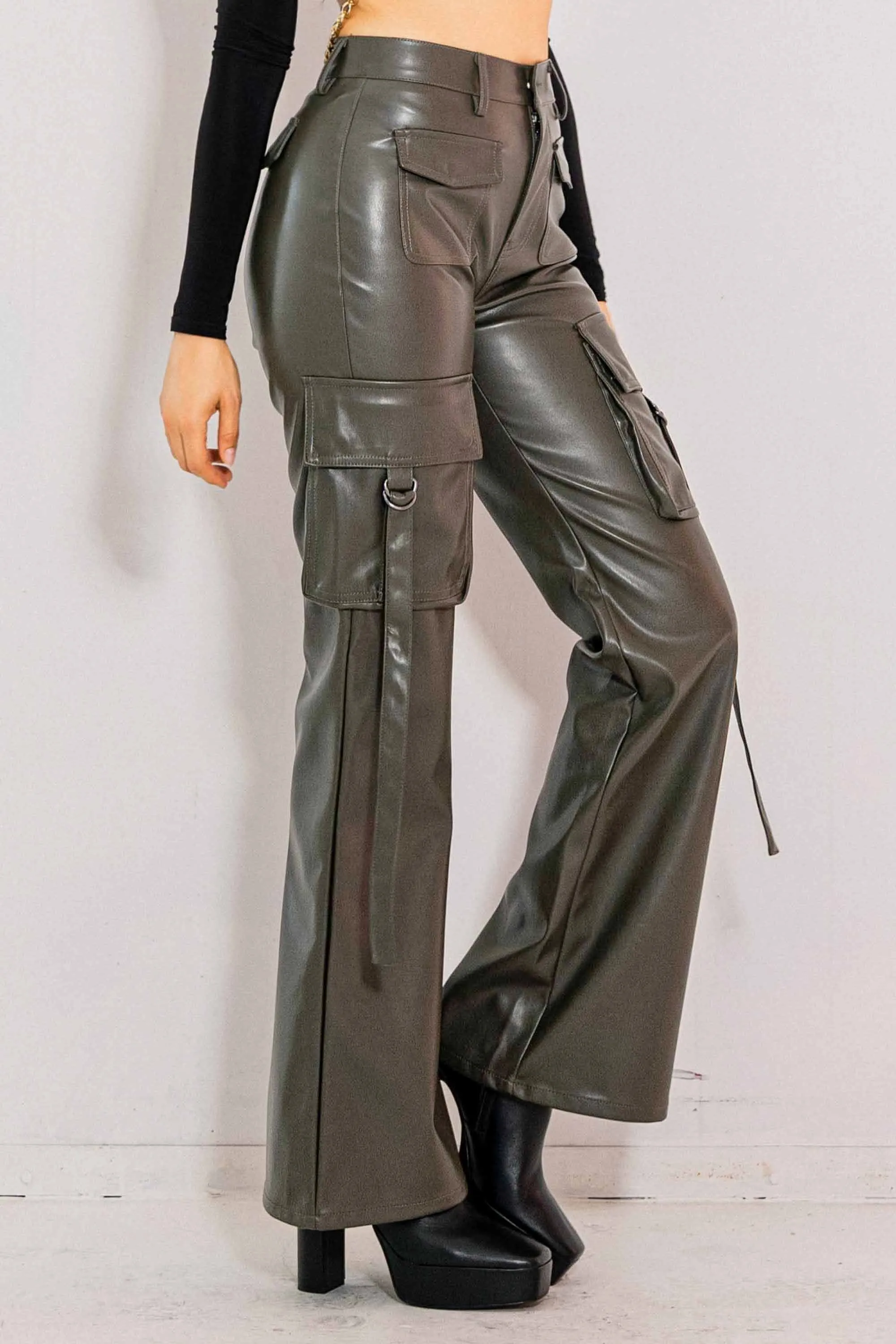 Vegan Leather Cargo Volume Flare Pants