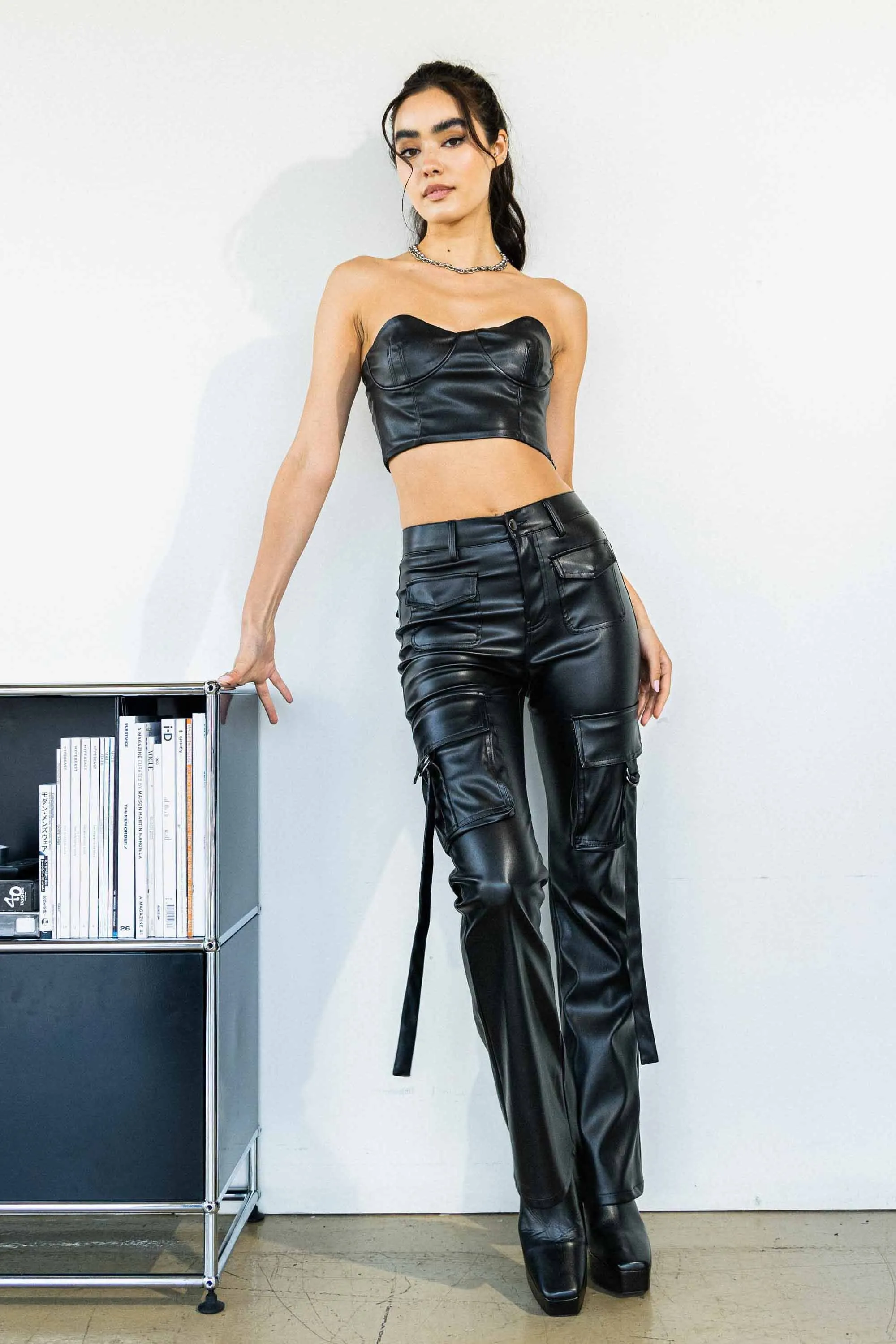 Vegan Leather Cargo Volume Flare Pants