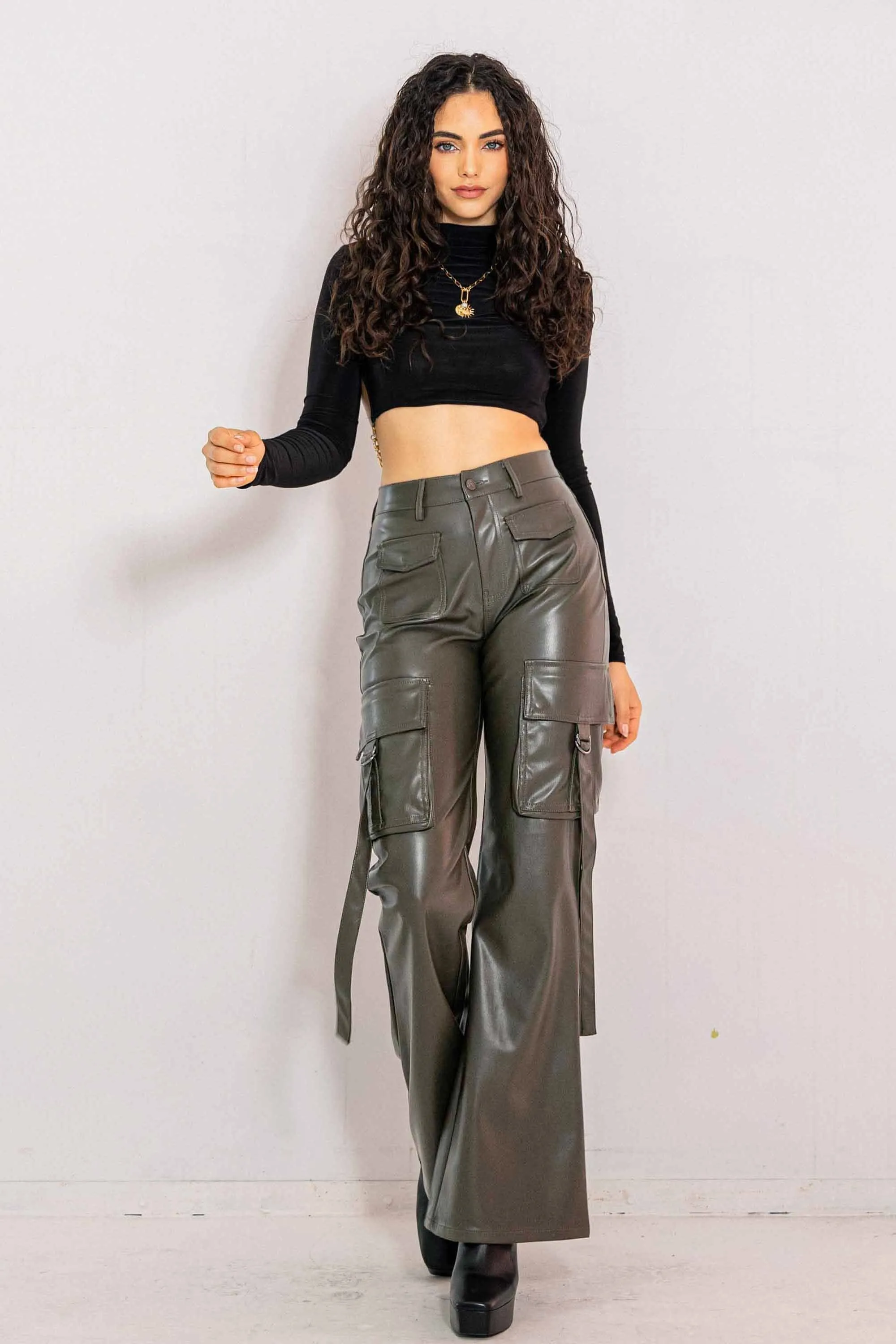 Vegan Leather Cargo Volume Flare Pants