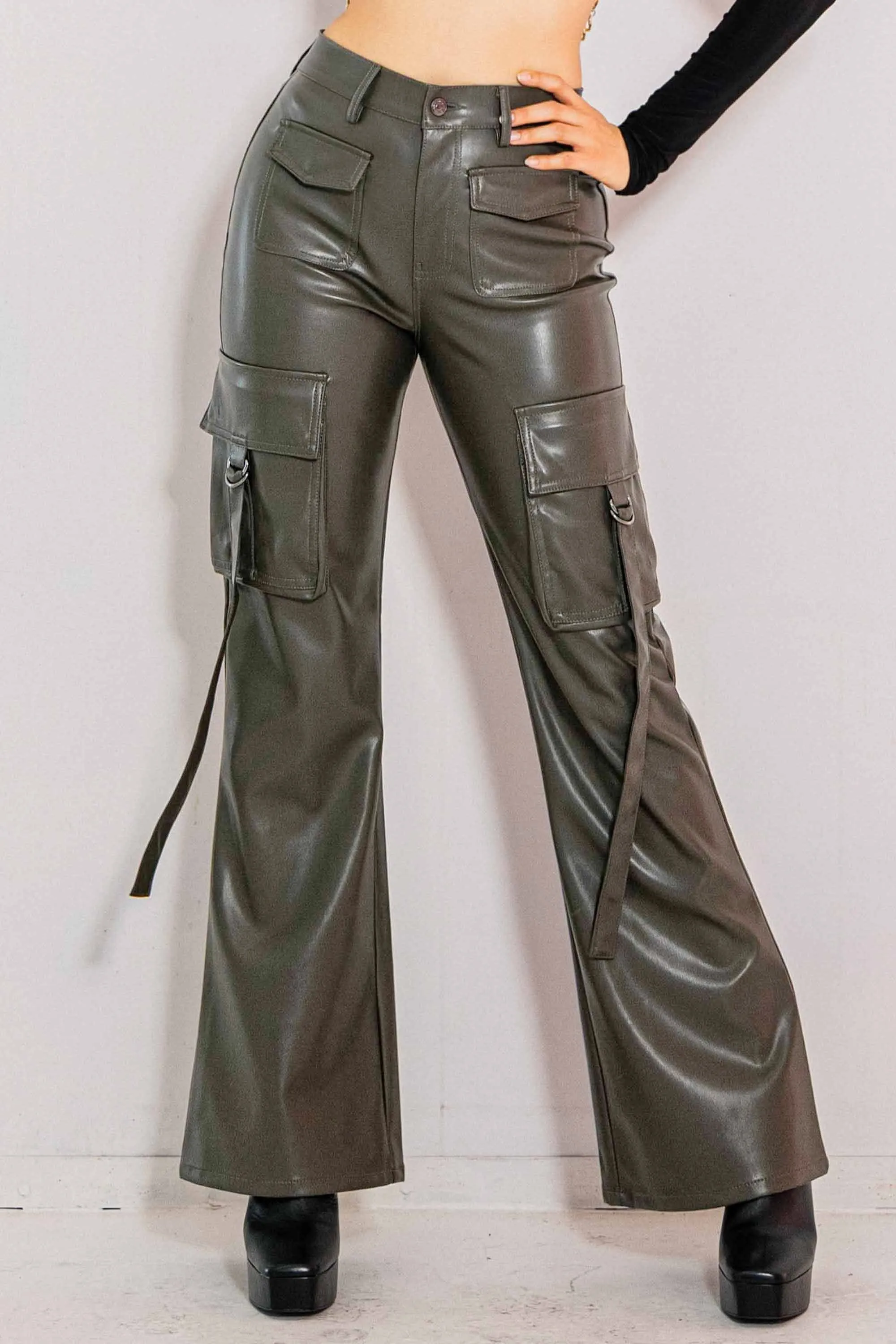 Vegan Leather Cargo Volume Flare Pants