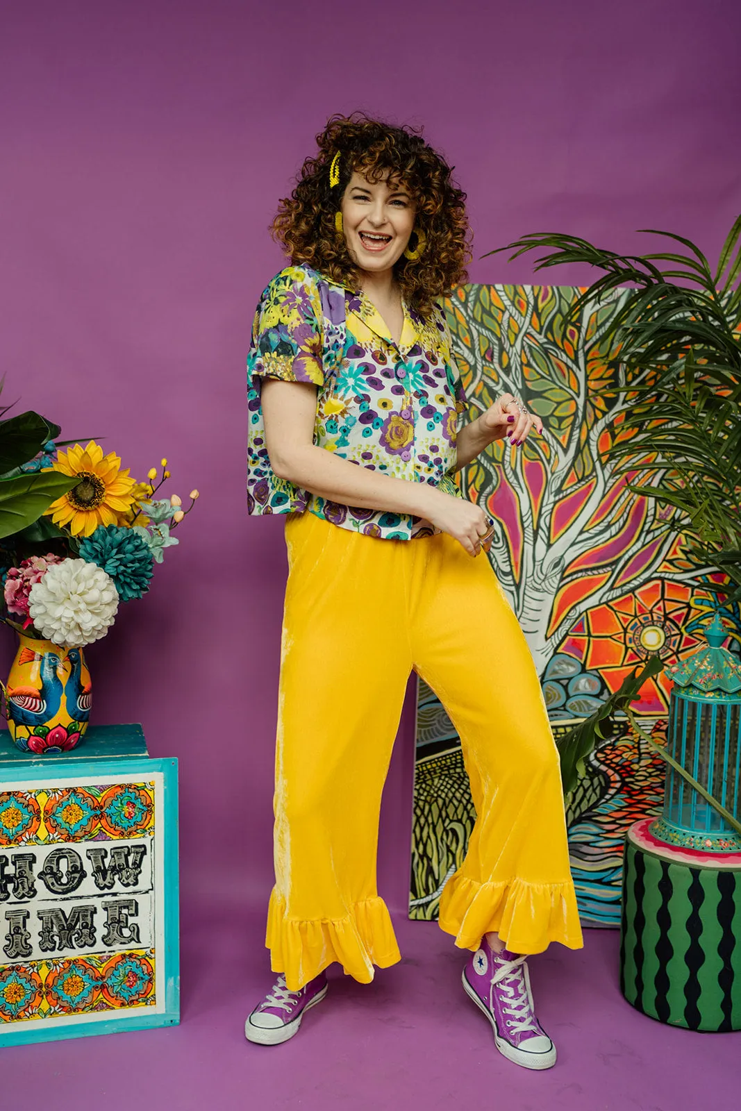 Velvet Ruffle Culottes in Yellow