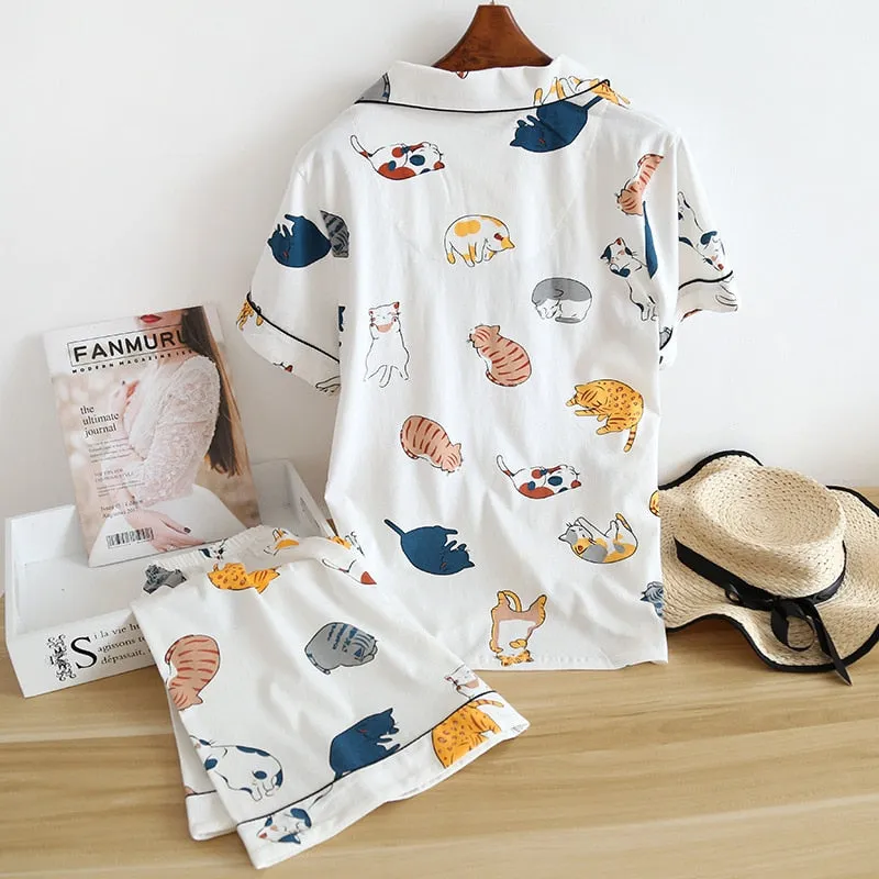 VenusFox 100% Cotton Pajamas For Women 2021 Cute Cat Print Cartoon Home Clothes 2Pcs Set Sleepwear Female Tops Pants Nighties Pajama Suit