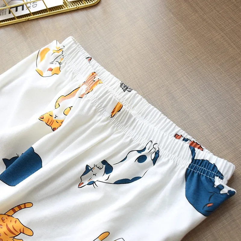 VenusFox 100% Cotton Pajamas For Women 2021 Cute Cat Print Cartoon Home Clothes 2Pcs Set Sleepwear Female Tops Pants Nighties Pajama Suit