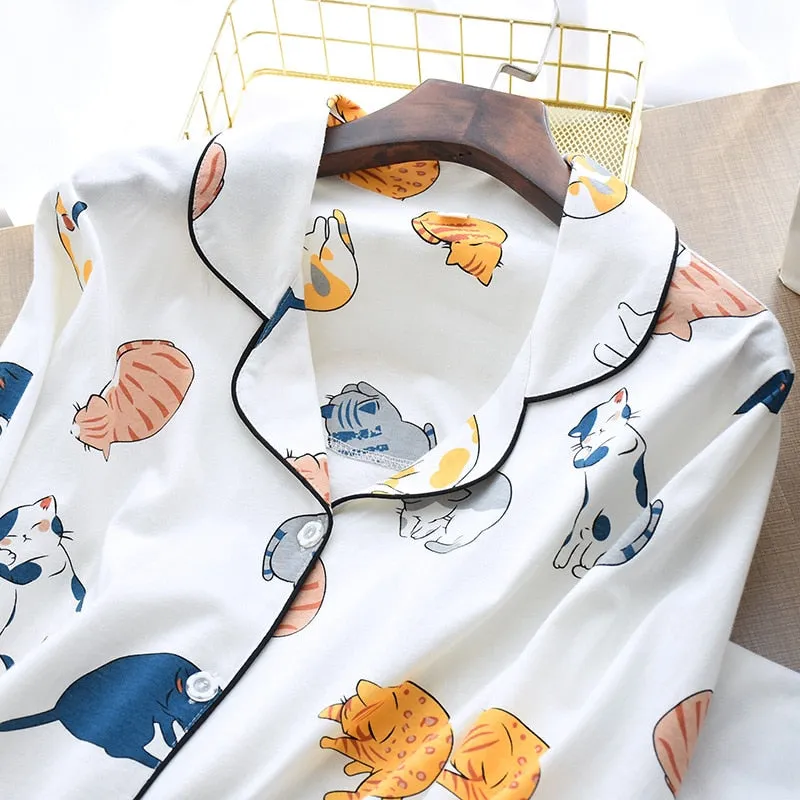 VenusFox 100% Cotton Pajamas For Women 2021 Cute Cat Print Cartoon Home Clothes 2Pcs Set Sleepwear Female Tops Pants Nighties Pajama Suit