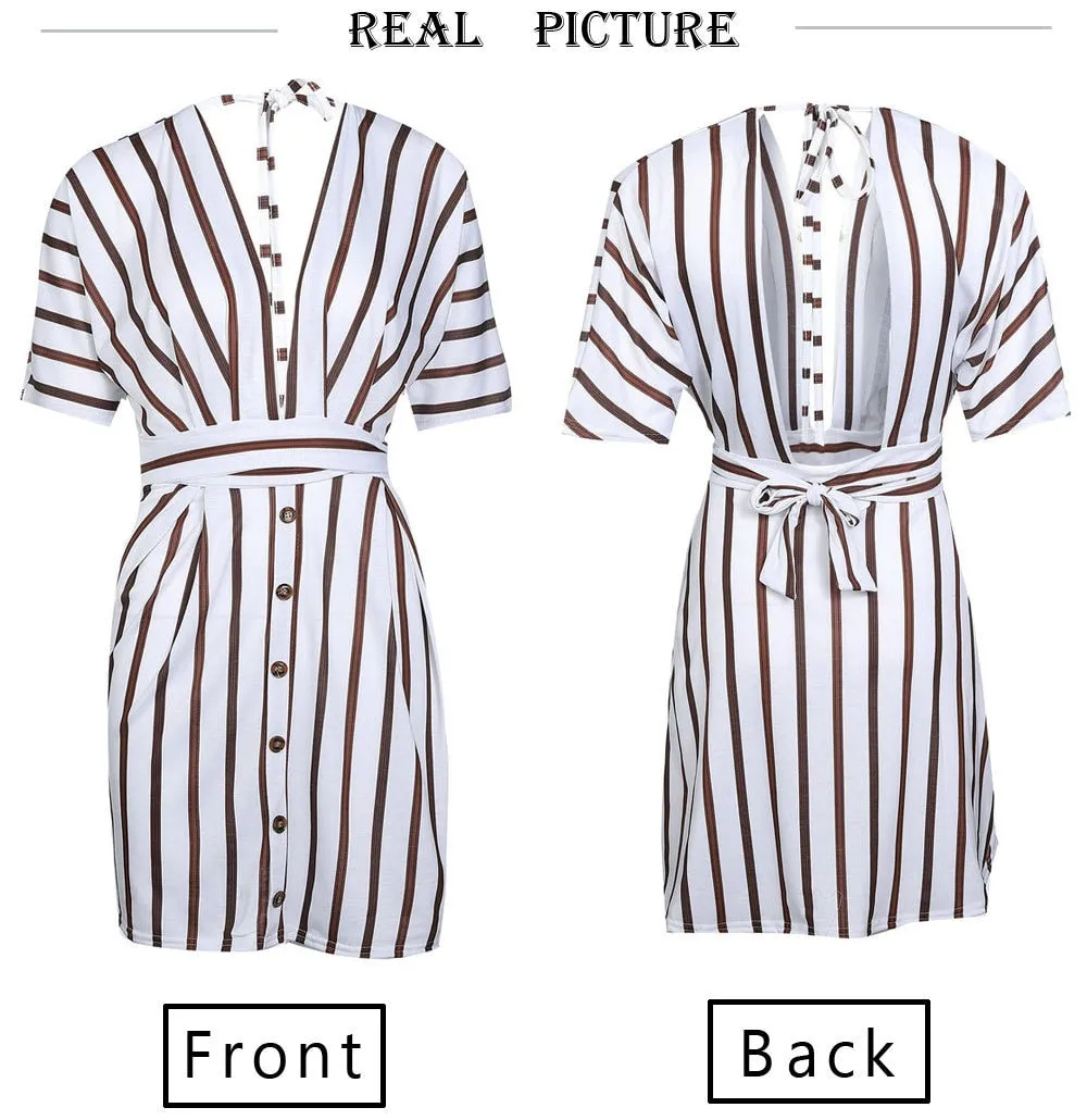 VenusFox Bohemian Striped Button Dress