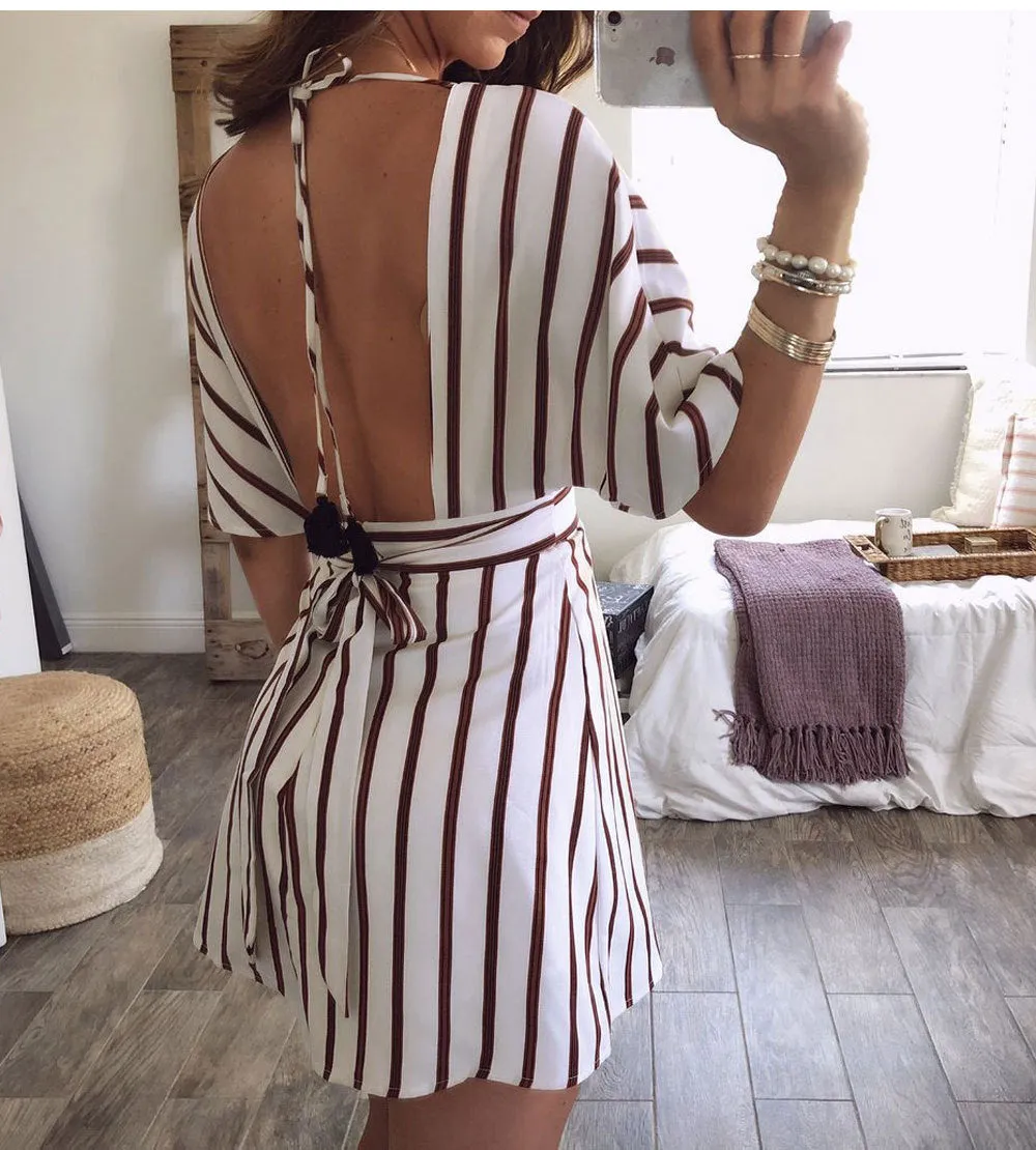 VenusFox Bohemian Striped Button Dress