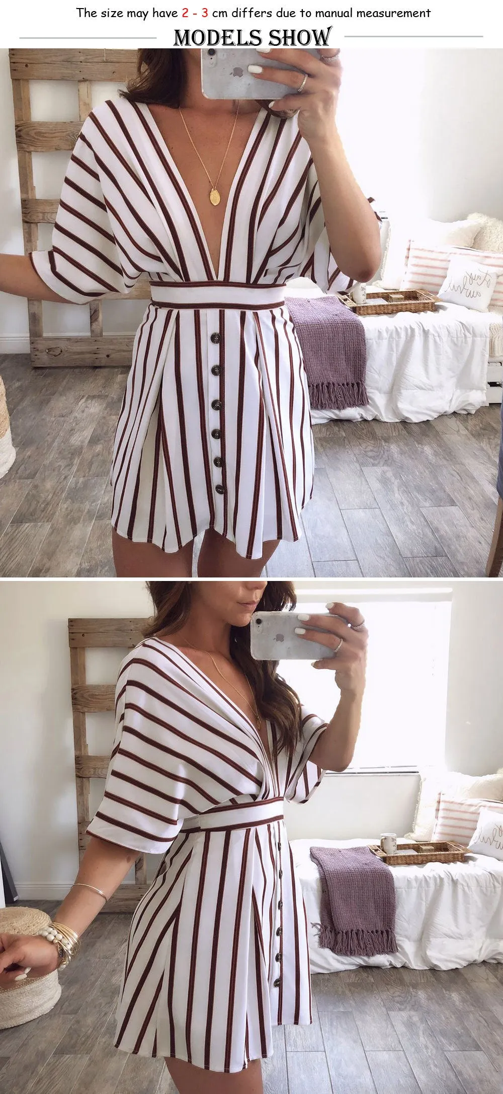 VenusFox Bohemian Striped Button Dress