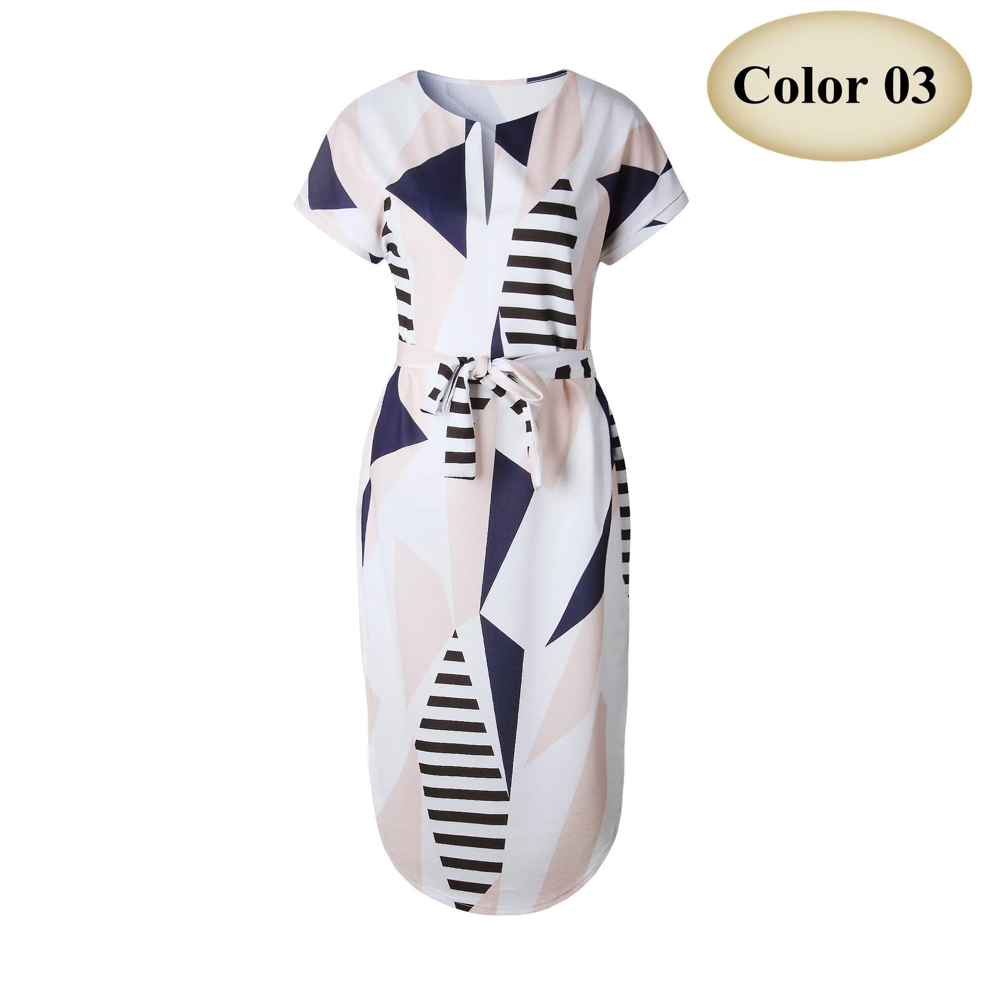 VenusFox Causal V neck Maxi Geometric Vintage dress With Belt