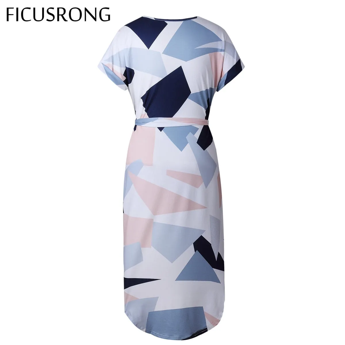 VenusFox Causal V neck Maxi Geometric Vintage dress With Belt