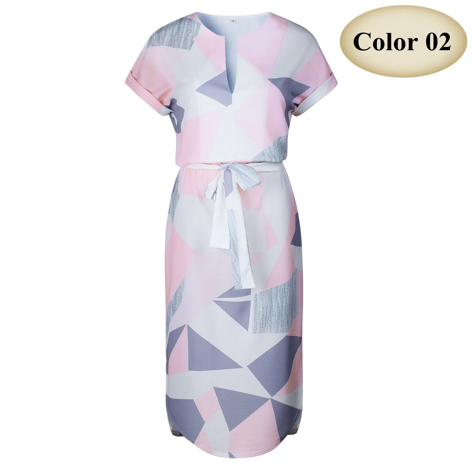 VenusFox Causal V neck Maxi Geometric Vintage dress With Belt