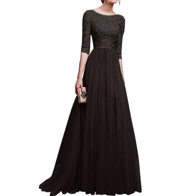 VenusFox Elegant Chiffon Lace Long Dress