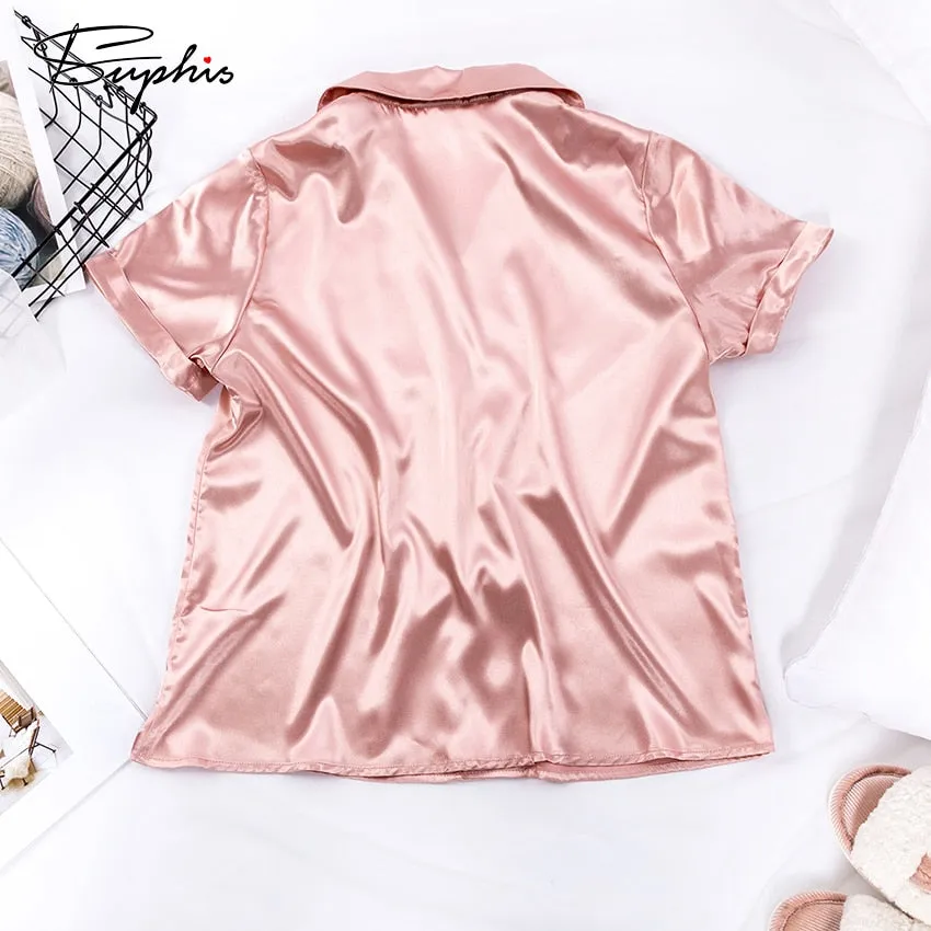 VenusFox Satin Nightshirt With Shorts Nightwear Suit Silk Pajama Short Sleeve Casual Pajama Sets Women Sleepwear Summer