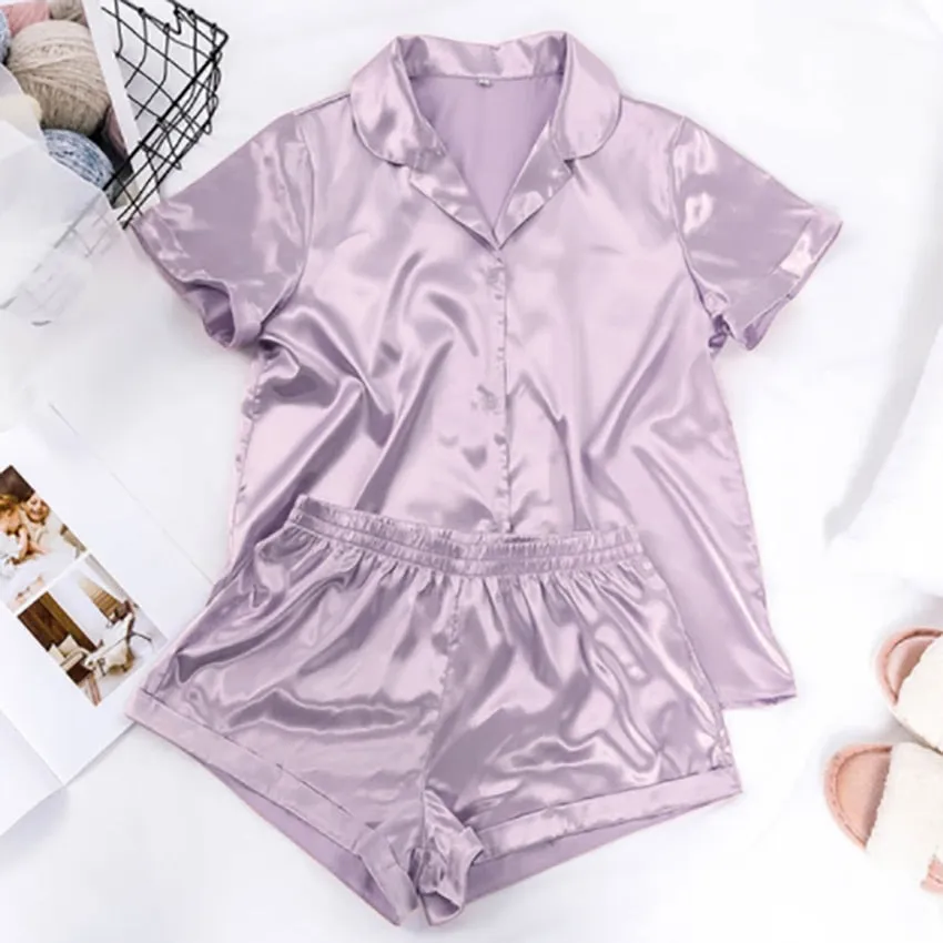 VenusFox Satin Nightshirt With Shorts Nightwear Suit Silk Pajama Short Sleeve Casual Pajama Sets Women Sleepwear Summer