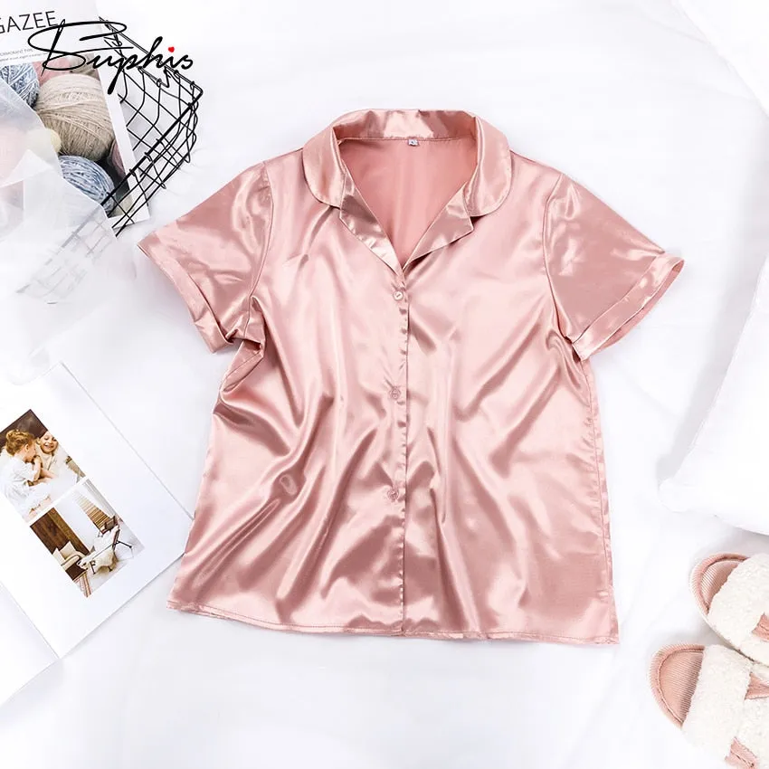 VenusFox Satin Nightshirt With Shorts Nightwear Suit Silk Pajama Short Sleeve Casual Pajama Sets Women Sleepwear Summer