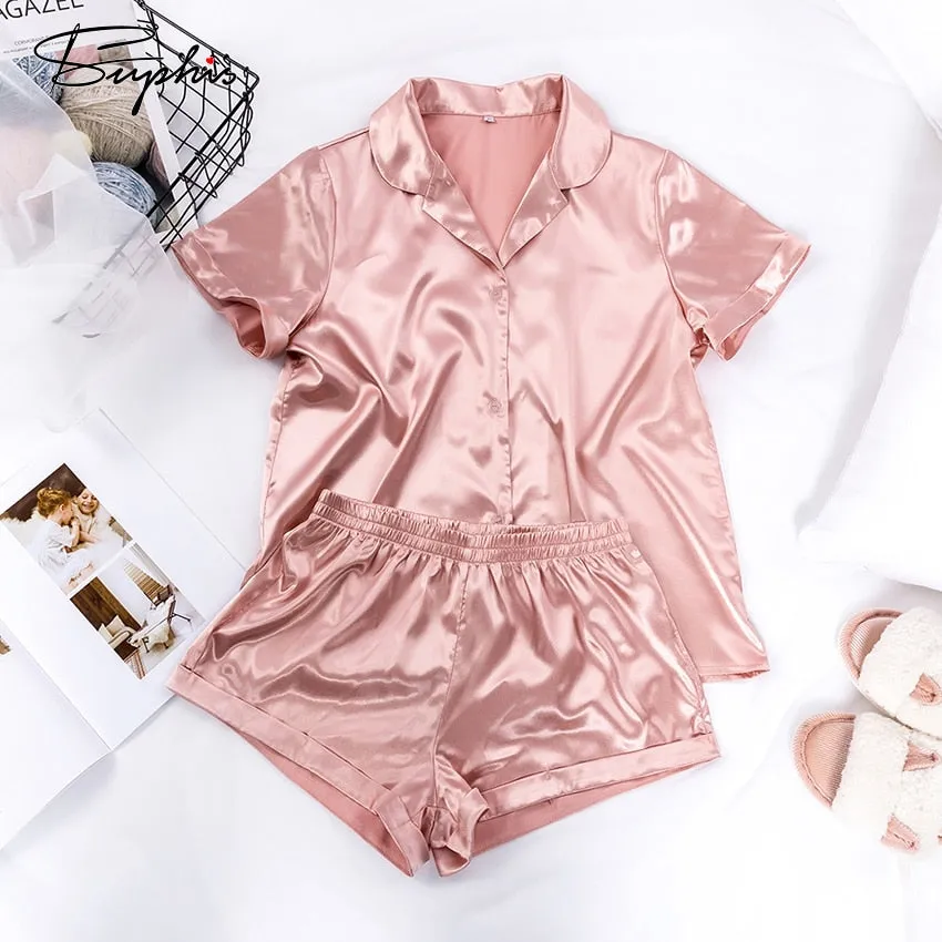 VenusFox Satin Nightshirt With Shorts Nightwear Suit Silk Pajama Short Sleeve Casual Pajama Sets Women Sleepwear Summer