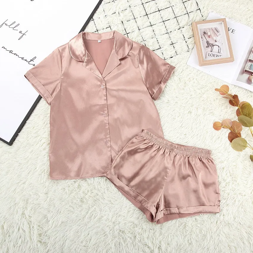 VenusFox Satin Nightshirt With Shorts Nightwear Suit Silk Pajama Short Sleeve Casual Pajama Sets Women Sleepwear Summer