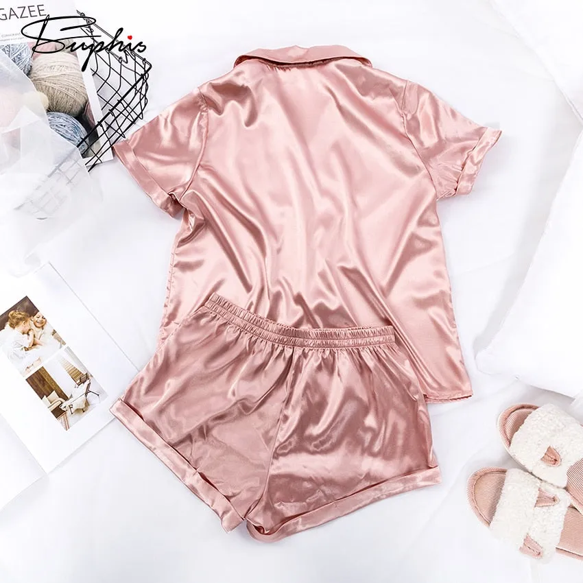 VenusFox Satin Nightshirt With Shorts Nightwear Suit Silk Pajama Short Sleeve Casual Pajama Sets Women Sleepwear Summer