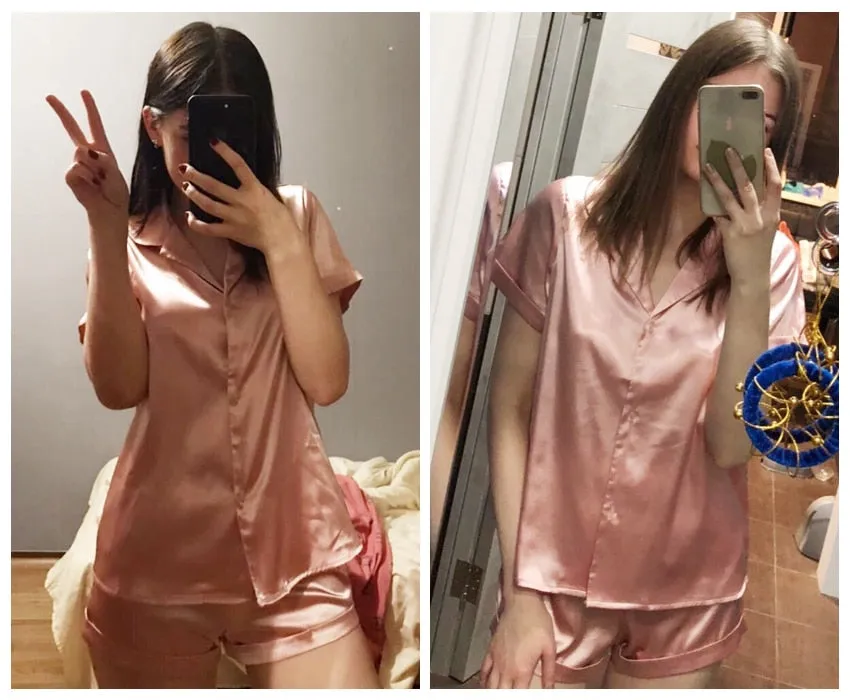 VenusFox Satin Nightshirt With Shorts Nightwear Suit Silk Pajama Short Sleeve Casual Pajama Sets Women Sleepwear Summer