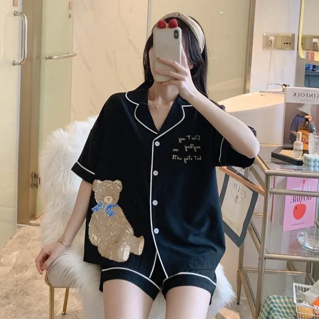 VenusFox Summer Lady Lovely Bear Print Sleepwear Lapel Short Sleeve Shorts Pajamas Set Korea Girl Casual Black White