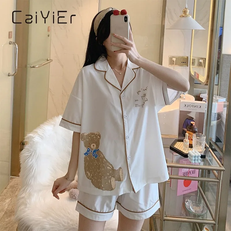 VenusFox Summer Lady Lovely Bear Print Sleepwear Lapel Short Sleeve Shorts Pajamas Set Korea Girl Casual Black White