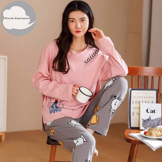 VenusFox Women's Sleep Lounge Pajama Long Sleeved Woman Pajama Set Cartoon Pajamas Cotton Sleepwear