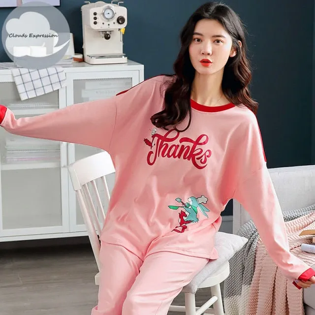 VenusFox Women's Sleep Lounge Pajama Long Sleeved Woman Pajama Set Cartoon Pajamas Cotton Sleepwear