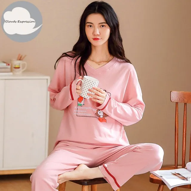 VenusFox Women's Sleep Lounge Pajama Long Sleeved Woman Pajama Set Cartoon Pajamas Cotton Sleepwear