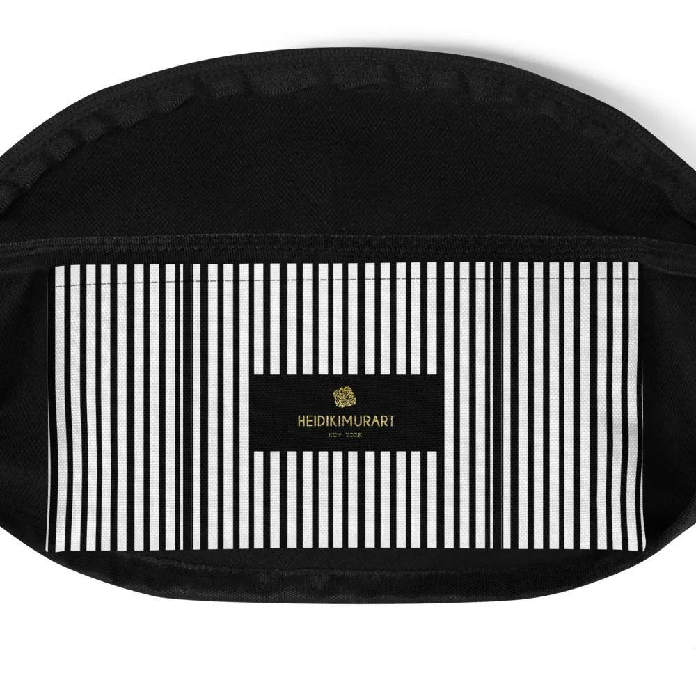 Vertical Black Striped Fanny Pack, White Striped Print Designer Fanny Pack Festival Belt Bag - Made in USA